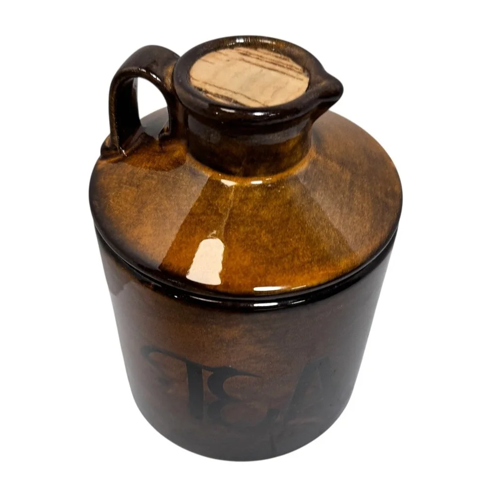 Vintage Holiday Designs Brown Glazed Ceramic TEA Canister Jug Lid USA